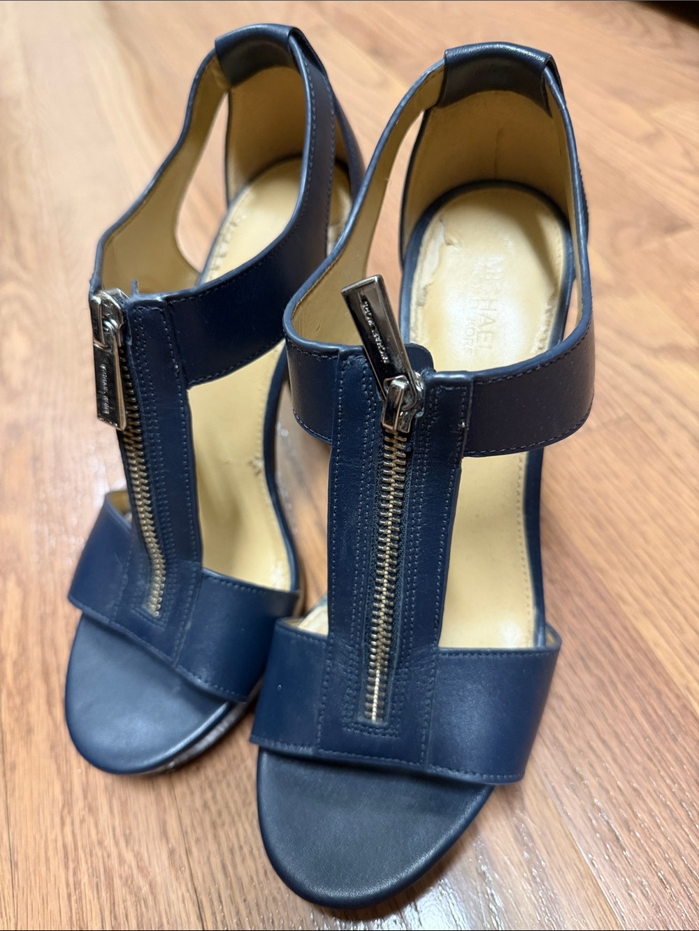 Michael Kors Navy Leather T-Strap Zip Heels